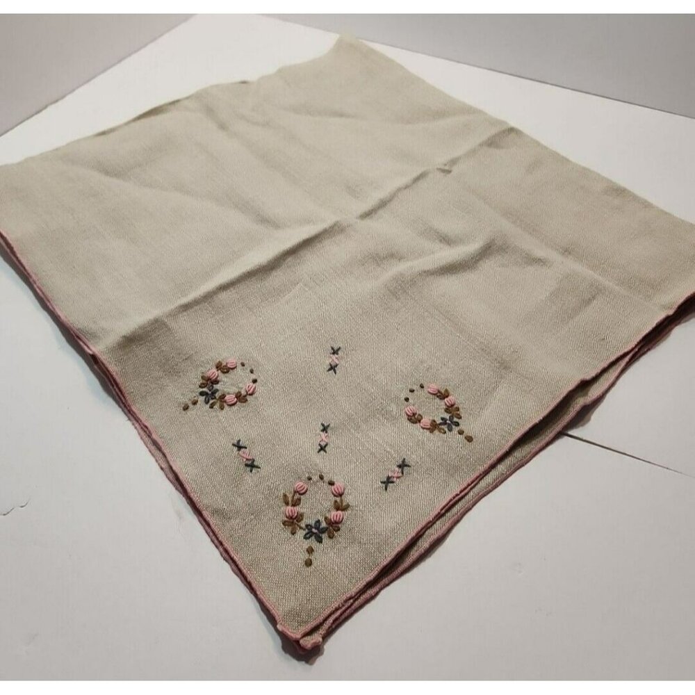 Vtg Handmade Embroidered Linen Tan with Pink Flowers Square Tablecloth 37" Sides